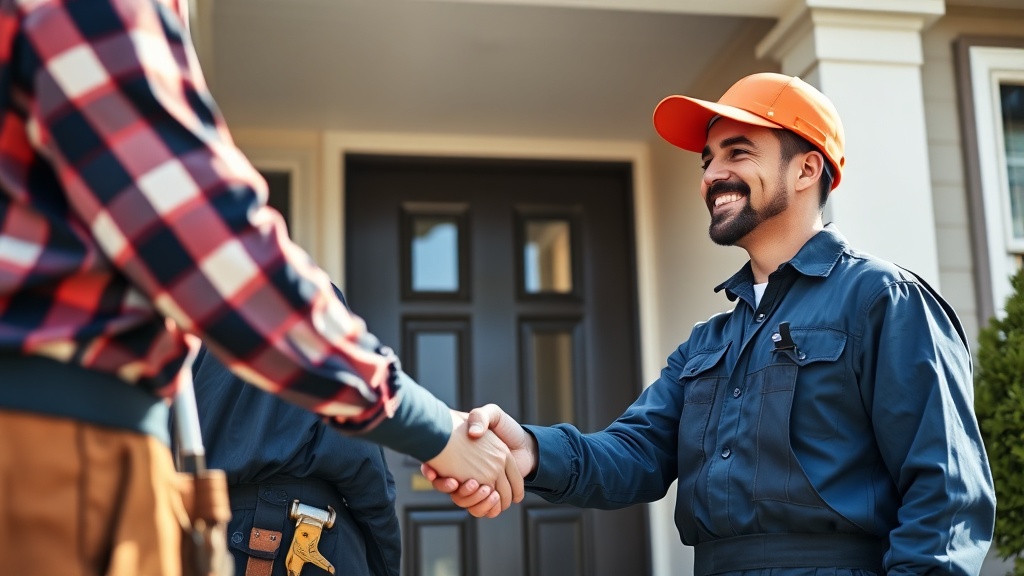 Professional plumber greeting homeowner